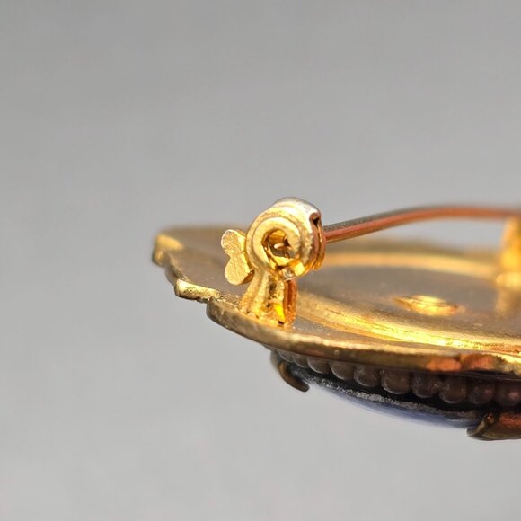 VTG Blue Guilloche Enamel w/ Pink Cabbage Rose Floral Pin Brooch 1.75" Gold Tone - Picture 4 of 6